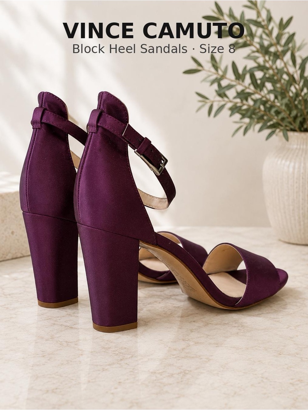 Vince Camuto Plum Block Heel Sandals Size 8 Ankle Strap Heels - Picture 2 of 14